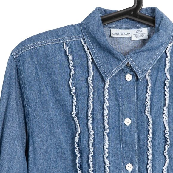 Y2K Denim Button Up Shirt L Womens Western Ruffle Cotton Blue Jean 90s MomCore - Picture 2 of 5